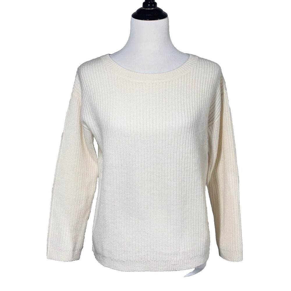 Quince Ivory Mongolian Cashmere Fisherman Crewneck Sweater 12 Fitted EUC